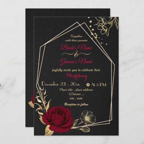 burgundy flowers gold geometric black wedding invitation