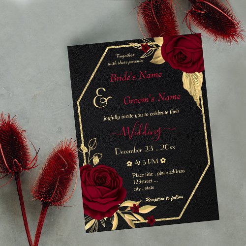 burgundy flowers gold geometric black wedding invitation
