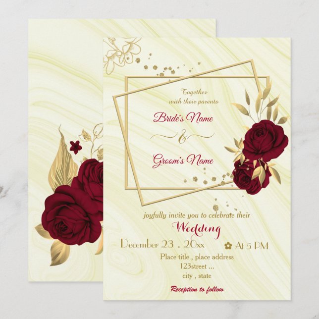 burgundy flowers gold geometric marble wedding invitation (Front/Back)
