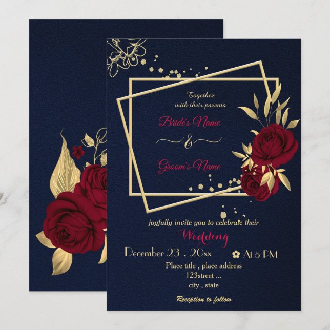 burgundy flowers gold geometric navy wedding invitation (Front/Back)