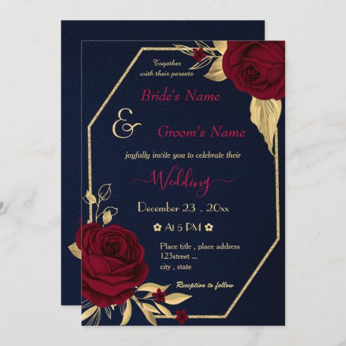 burgundy flowers gold geometric navy wedding invitation