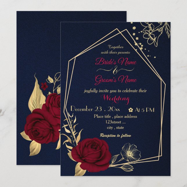 burgundy flowers gold geometric navy wedding invitation (Front/Back)