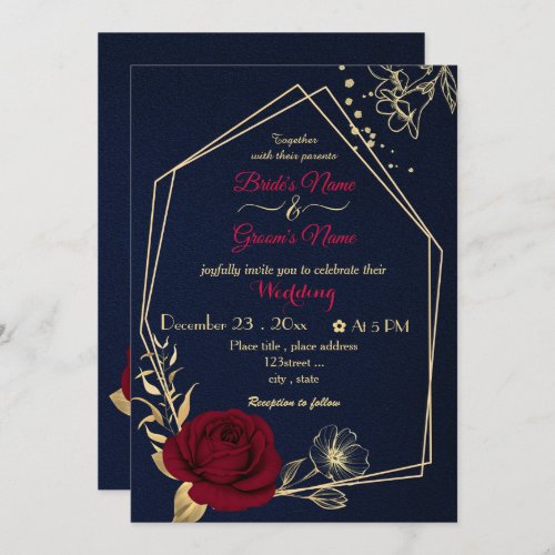 burgundy flowers gold geometric navy wedding invitation