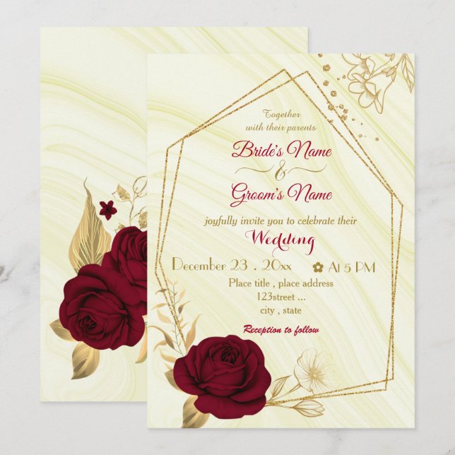 burgundy flowers gold geometric wedding invitation (Front/Back)