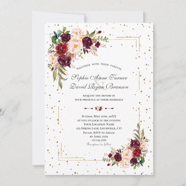 Burgundy Flowers Gold Glitter Confetti Wedding Invitation (Front)