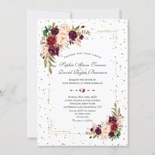 Burgundy Flowers Gold Glitter Confetti Wedding Invitation