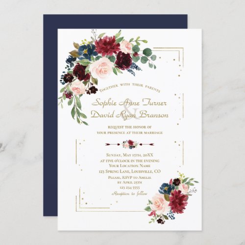 Burgundy Flowers Gold Glitter Frame Navy Wedding Invitation