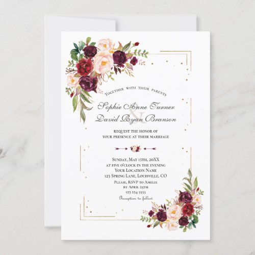 Burgundy Flowers Gold Glitter Frame Wedding Invitation