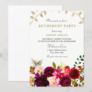 Burgundy Flowers Gold Leaf Retirement Party Invitation