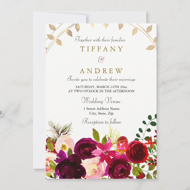 Burgundy Flowers Gold Leaf Wedding invite (Front)