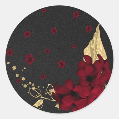 burgundy flowers gold leaves black classic round s classic round sticker