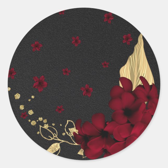 burgundy flowers gold leaves black classic round s classic round sticker (Front)