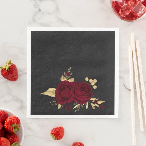 burgundy flowers gold leaves black paper dinner napkins