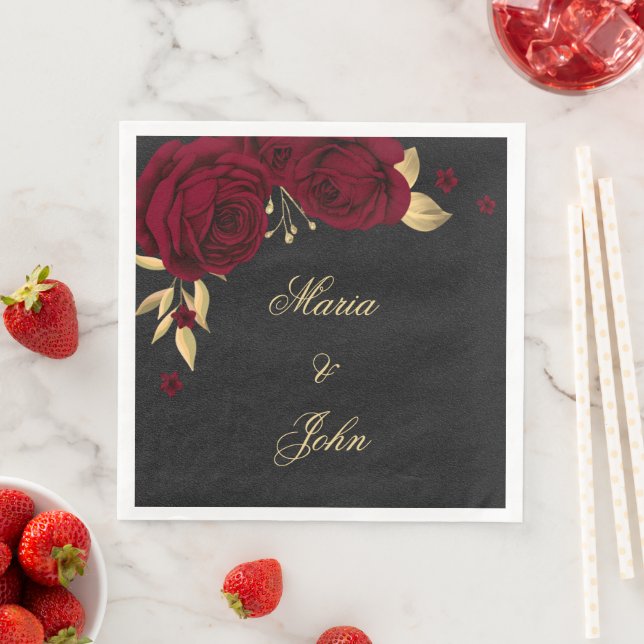burgundy flowers gold leaves black paper dinner napkins (Insitu)