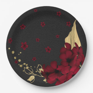 burgundy flowers gold leaves black paper plates