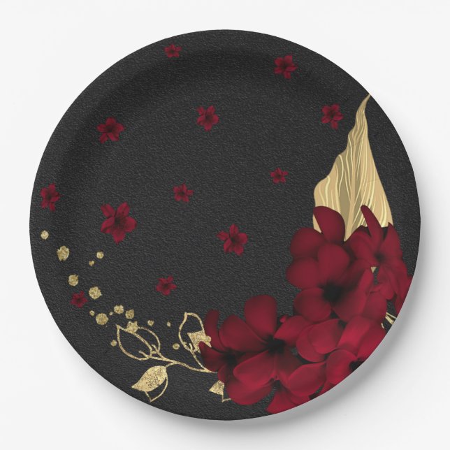 burgundy flowers gold leaves black paper plates (Front)