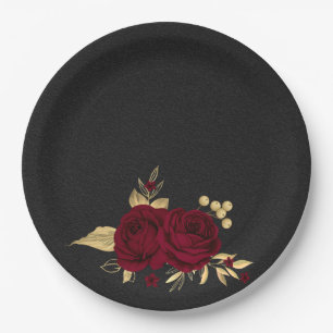 burgundy flowers gold leaves black paper plates