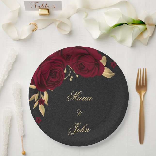 burgundy flowers gold leaves black paper plates (Wedding)