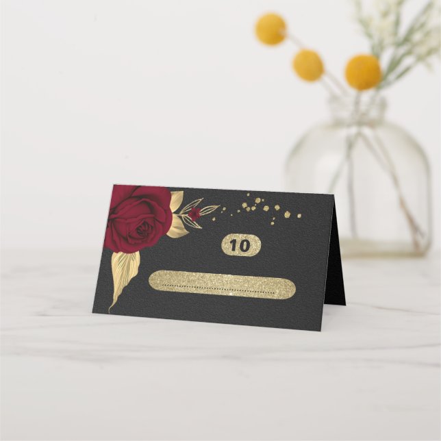 burgundy flowers gold leaves black place card (Front)