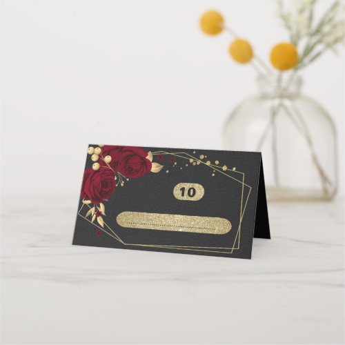 burgundy flowers gold leaves black place card