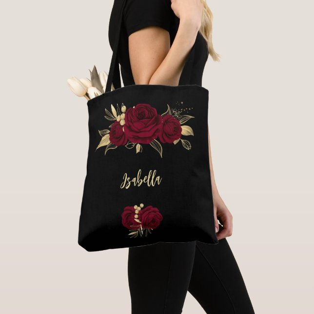 burgundy flowers gold leaves black  tote bag (Close Up)