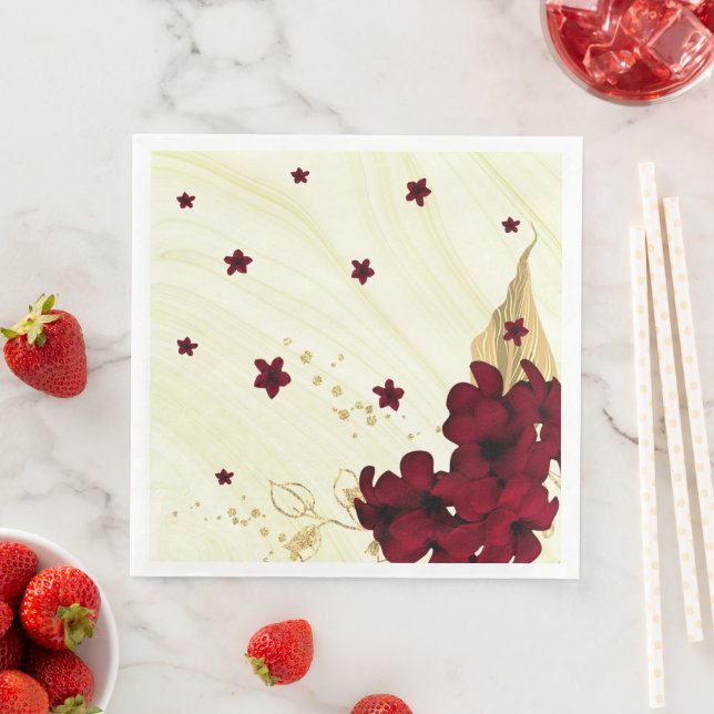 burgundy flowers gold leaves marble paper dinner napkins (Insitu)