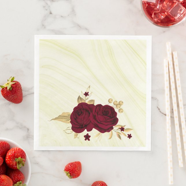 burgundy flowers gold leaves marble paper dinner napkins (Insitu)