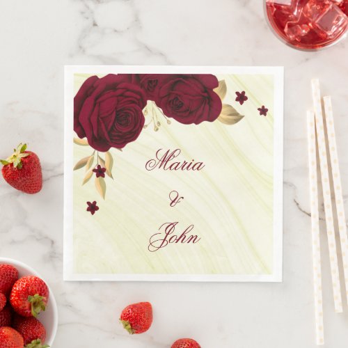 burgundy flowers gold leaves marble paper dinner napkins