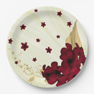burgundy flowers gold leaves marble paper plates