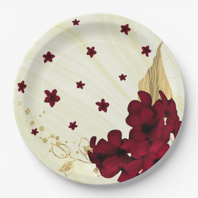 burgundy flowers gold leaves marble  paper plates (Front)