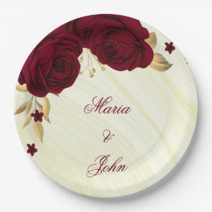 burgundy flowers gold leaves marble paper plates
