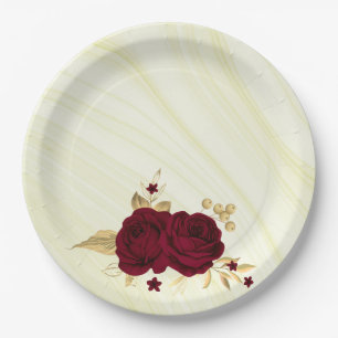 burgundy flowers gold leaves marble paper plates
