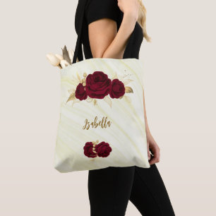 burgundy flowers gold leaves marble tote bag