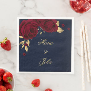 burgundy flowers gold leaves navy blue paper dinner napkins