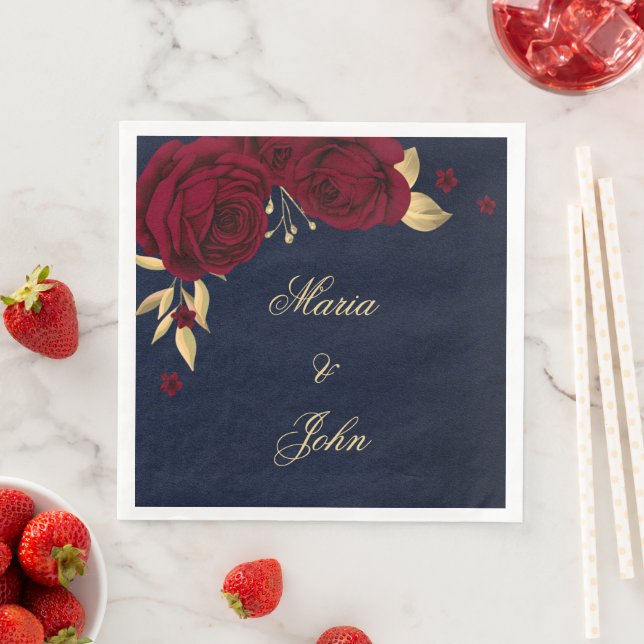 burgundy flowers gold leaves navy blue paper dinner napkins (Insitu)