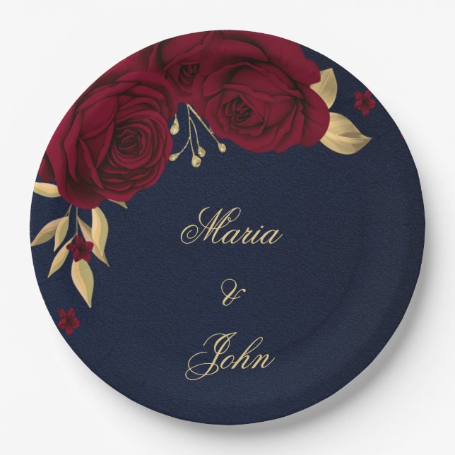 burgundy flowers gold leaves navy blue paper plates (Front)