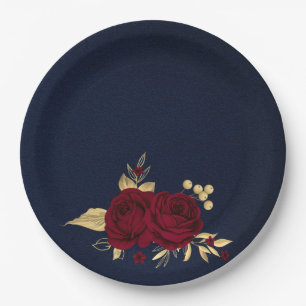 burgundy flowers gold leaves navy blue paper plates