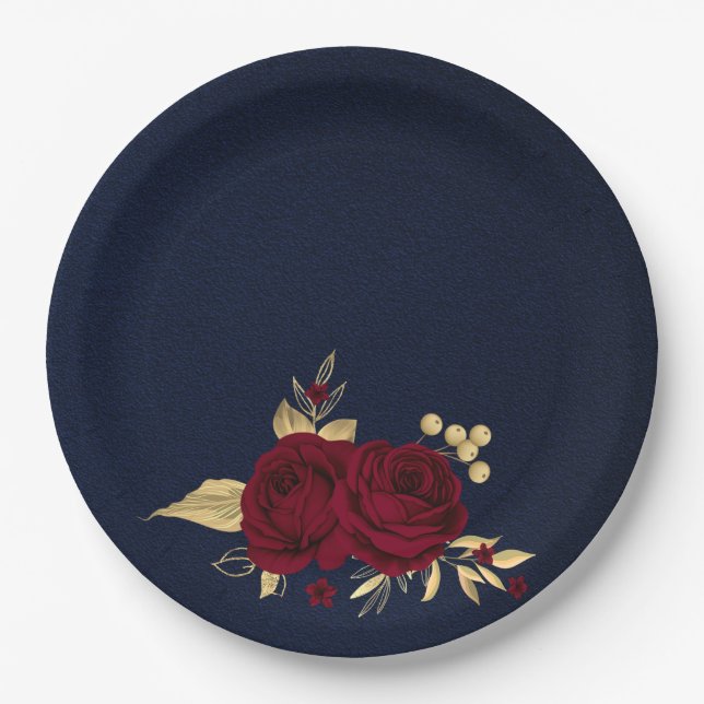 burgundy flowers gold leaves navy blue paper plates (Front)