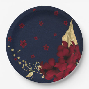 burgundy flowers gold leaves navy blue paper plates