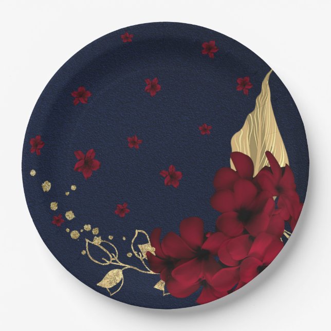burgundy flowers gold leaves navy blue paper plates (Front)