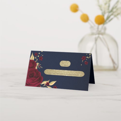 burgundy flowers gold leaves navy blue place card