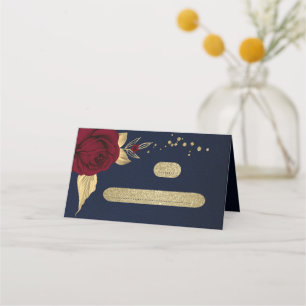 burgundy flowers gold leaves navy blue place card