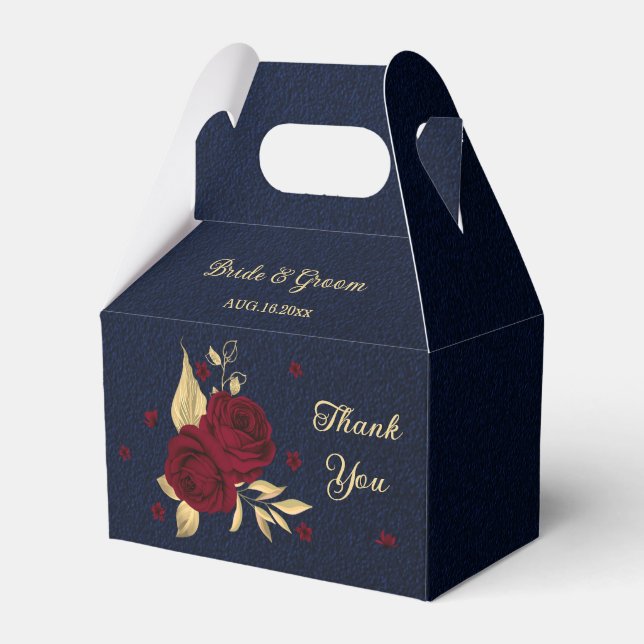 burgundy flowers gold leaves navy blue wedding favor boxes (Front Side)