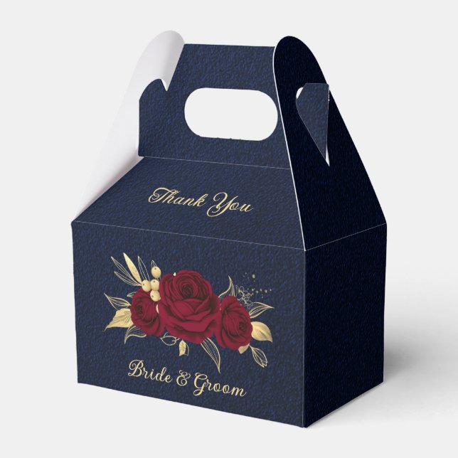 burgundy flowers gold leaves navy blue wedding favor boxes (Front Side)