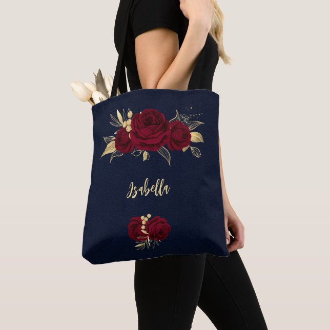 burgundy flowers gold leaves navy tote bag (Close Up)