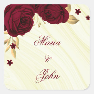 burgundy flowers gold leaves square sticker