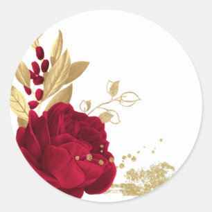 burgundy flowers & gold leaves white classic round sticker