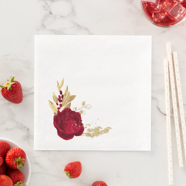 burgundy flowers & gold leaves white paper dinner napkins (Insitu)