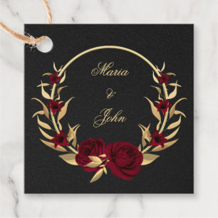 burgundy flowers gold leaves wreath black favor tags