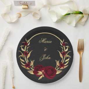 burgundy flowers gold leaves wreath black paper plates